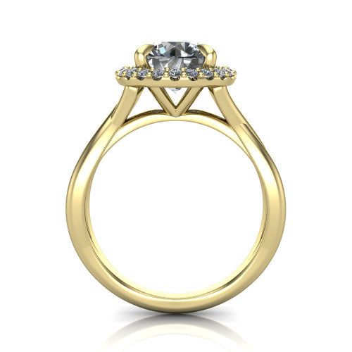 Molly round halo engagement ring in 18K Yellow Gold, through-finger front profile showing the pave halo and twisted band from the front
