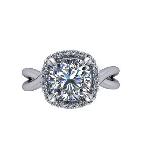 Molly cushion halo engagement ring in Platinum, top-down view showing the cushion center diamond and halo from above