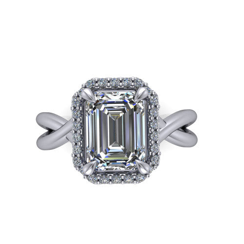 Molly emerald-cut halo engagement ring in 18K White Gold, top-down view showing the emerald-cut center diamond and halo from above