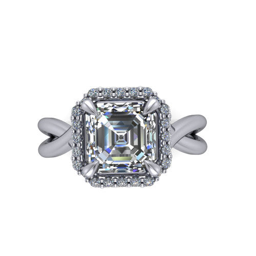 Molly square emerald-cut halo engagement ring in 18K White Gold, top-down view showing the square emerald-cut center diamond and halo from above