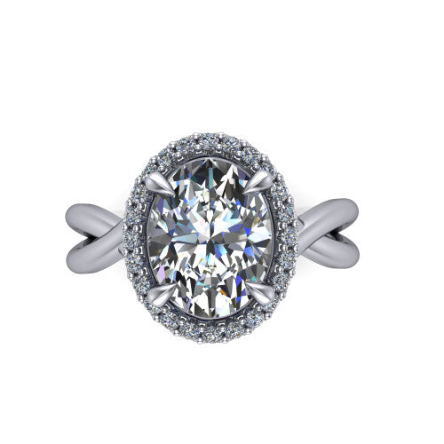 Molly oval halo engagement ring in Platinum, top-down view showing the oval center diamond and halo from above