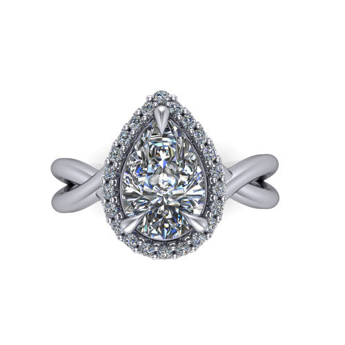 Molly pear halo engagement ring in 18K White Gold, top-down view showing the pear center diamond and halo from above