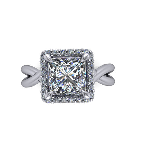 Molly princess-cut halo engagement ring in 18K White Gold, top-down view showing the princess-cut center diamond and halo from above