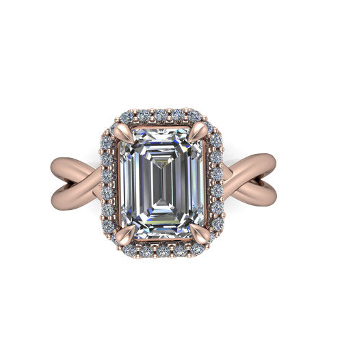 Molly emerald-cut halo engagement ring in 18K Rose Gold, top-down view showing the emerald-cut center diamond and halo from above