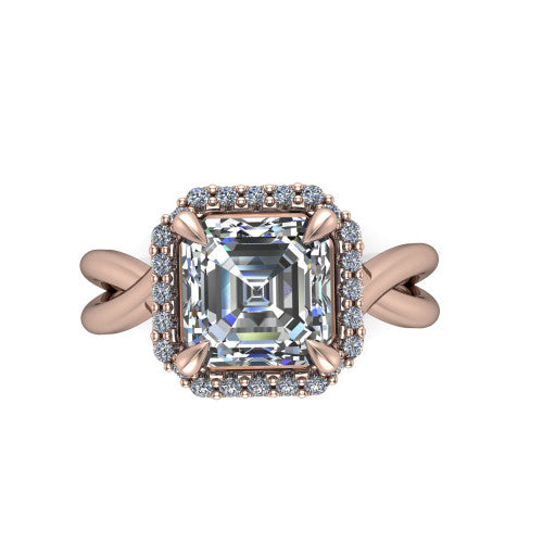 Molly square emerald-cut halo engagement ring in 18K Rose Gold, top-down view showing the square emerald-cut center diamond and halo from above