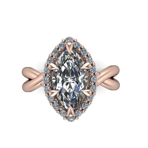 Molly marquise halo engagement ring in 18K Rose Gold, top-down view showing the marquise center diamond and halo from above