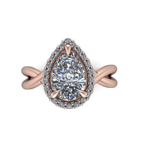 Molly pear halo engagement ring in 14K Rose Gold, top-down view showing the pear center diamond and halo from above