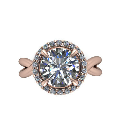 Molly round halo engagement ring in 18K Rose Gold, top-down view showing the round center diamond and halo from above