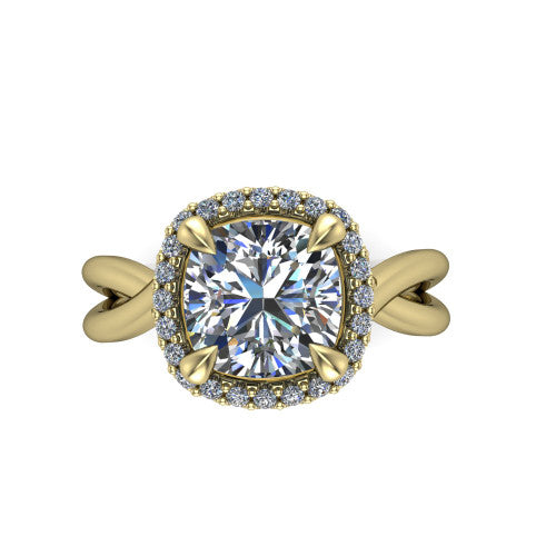 Molly cushion halo engagement ring in 14K Yellow Gold, top-down view showing the cushion center diamond and halo from above