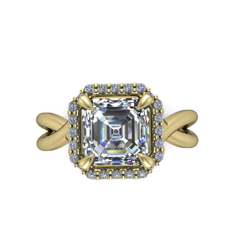 Molly square emerald-cut halo engagement ring in 18K Yellow Gold, top-down view showing the square emerald-cut center diamond and halo from above