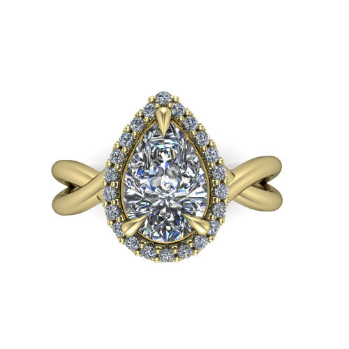 Molly pear halo engagement ring in 18K Yellow Gold, top-down view showing the pear center diamond and halo from above