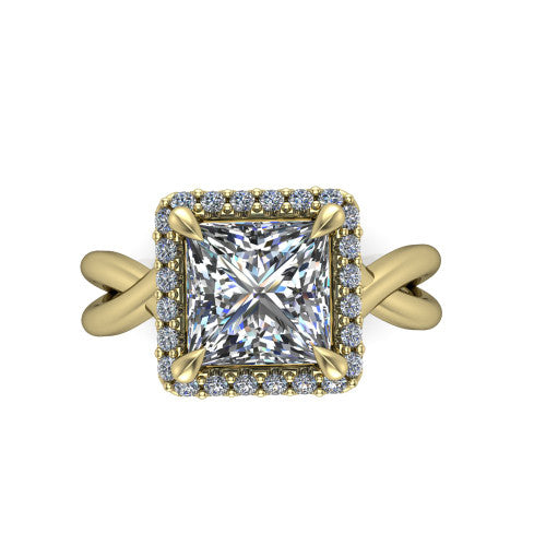 Molly princess-cut halo engagement ring in 18K Yellow Gold, top-down view showing the princess-cut center diamond and halo from above
