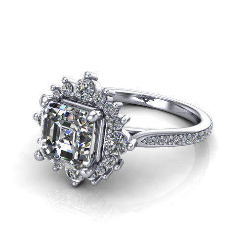 Zara Square Emerald Shape Halo Engagement Ring in 18K White Gold