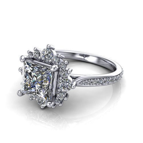 Zara Princess Shape Halo Engagement Ring in 18K White Gold
