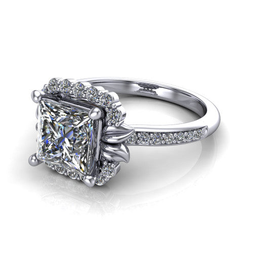 Amy Princess Shape Halo Engagement Ring in 18K White Gold