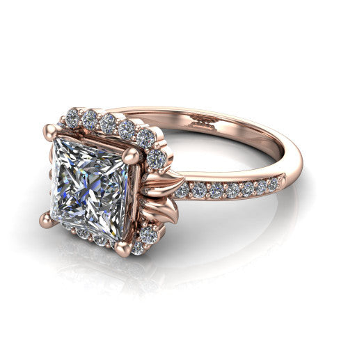 Amy Princess Shape Halo Engagement Ring in 14K Rose Gold