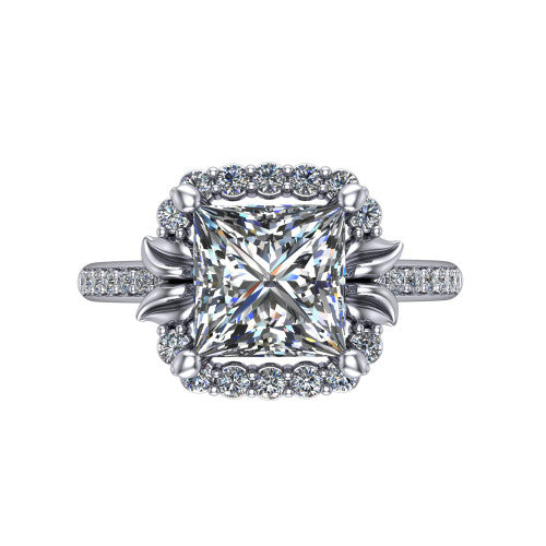 Amy Princess Shape Halo Engagement Ring in Platinum