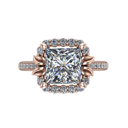 Amy Princess Shape Halo Engagement Ring in 14K Rose Gold