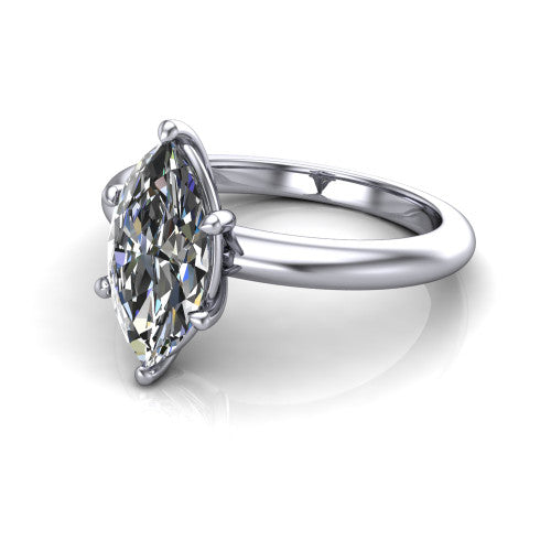 Noelle marquise classic solitaire engagement ring in 14K White Gold, three-quarter perspective showing the prong-set center raised above a slim plain polished band