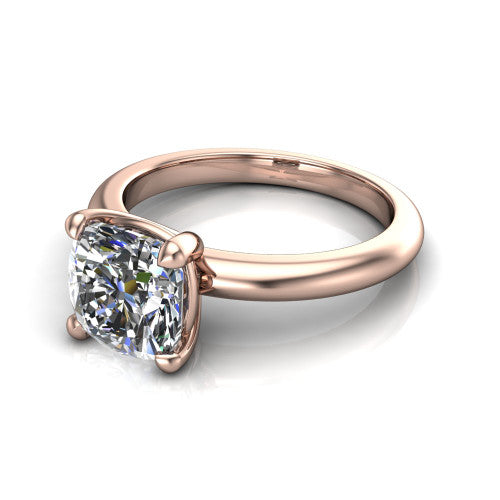 Noelle cushion classic solitaire engagement ring in 18K Rose Gold, three-quarter perspective showing the prong-set center raised above a slim plain polished band