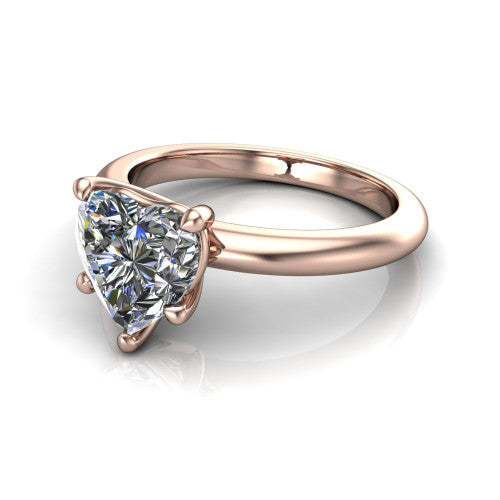 Noelle heart classic solitaire engagement ring in 14K Rose Gold, three-quarter perspective showing the prong-set center raised above a slim plain polished band