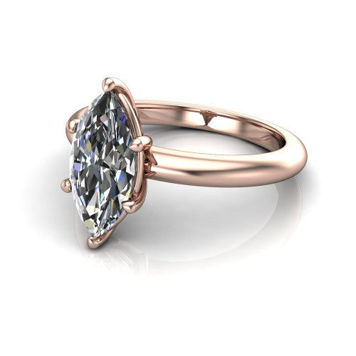 Noelle marquise classic solitaire engagement ring in 14K Rose Gold, three-quarter perspective showing the prong-set center raised above a slim plain polished band