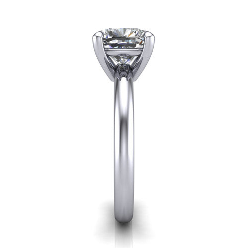 Noelle cushion classic solitaire engagement ring in 18K White Gold, side profile showing the plain polished band and the prong setting in profile