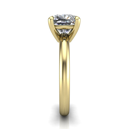 Noelle cushion classic solitaire engagement ring in 14K Yellow Gold, side profile showing the plain polished band and the prong setting in profile