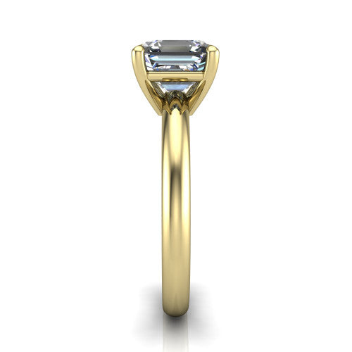 Noelle square emerald classic solitaire engagement ring in 14K Yellow Gold, side profile showing the plain polished band and the prong setting in profile