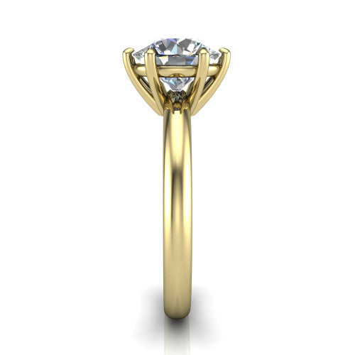 Noelle round classic solitaire engagement ring in 18K Yellow Gold, side profile showing the plain polished band and the prong setting in profile