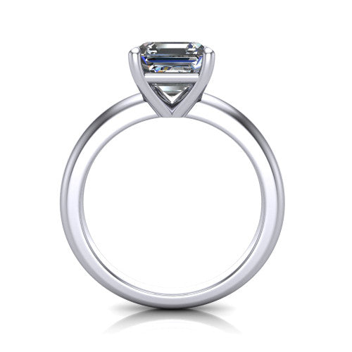 Noelle square emerald classic solitaire engagement ring in 14K White Gold, through-finger front profile showing the prong head raised above the plain shank