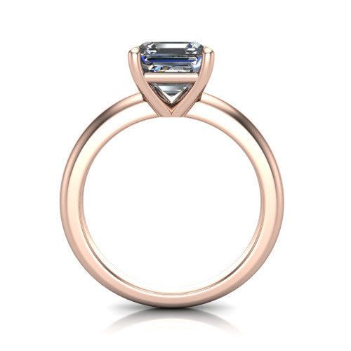 Noelle square emerald classic solitaire engagement ring in 18K Rose Gold, through-finger front profile showing the prong head raised above the plain shank