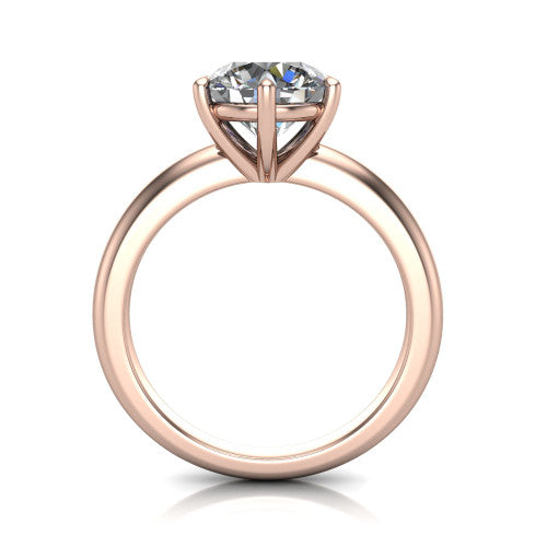 Noelle round classic solitaire engagement ring in 14K Rose Gold, through-finger front profile showing the prong head raised above the plain shank