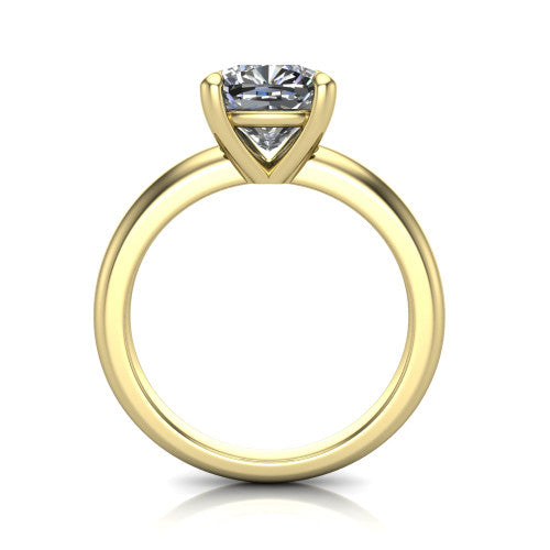 Noelle cushion classic solitaire engagement ring in 18K Yellow Gold, through-finger front profile showing the prong head raised above the plain shank