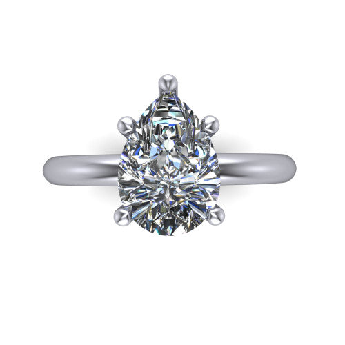 Noelle pear classic solitaire engagement ring in 18K White Gold, top-down view showing the center stone and the smooth band from above