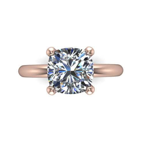 Noelle cushion classic solitaire engagement ring in 18K Rose Gold, top-down view showing the center stone and the smooth band from above