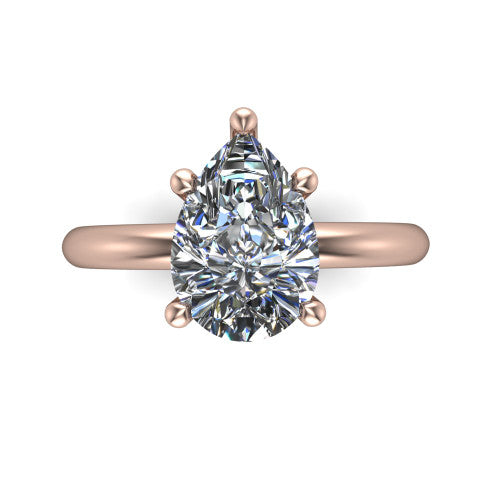 Noelle pear classic solitaire engagement ring in 14K Rose Gold, top-down view showing the center stone and the smooth band from above