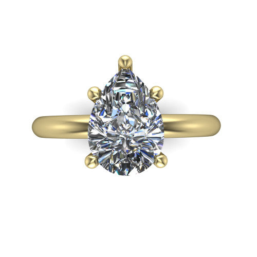 Noelle pear classic solitaire engagement ring in 18K Yellow Gold, top-down view showing the center stone and the smooth band from above