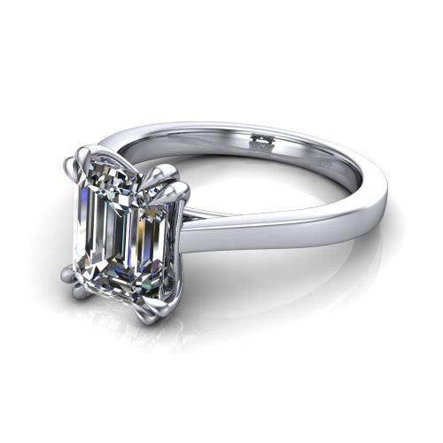 Rosalie emerald-cut classic engagement ring in 14K White Gold, three-quarter perspective showing the emerald-cut center diamond in a four-prong cathedral head on a polished band