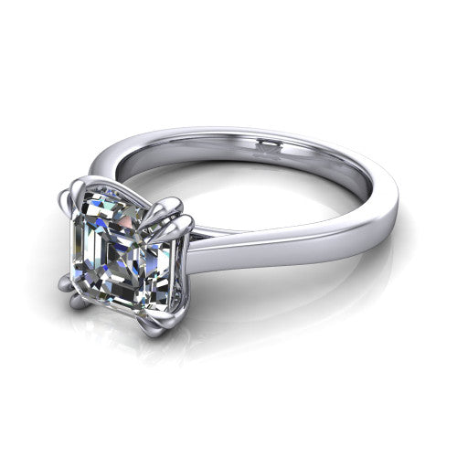 Rosalie square emerald-cut classic engagement ring in Platinum, three-quarter perspective showing the square emerald-cut center diamond in a four-prong cathedral head on a polished band