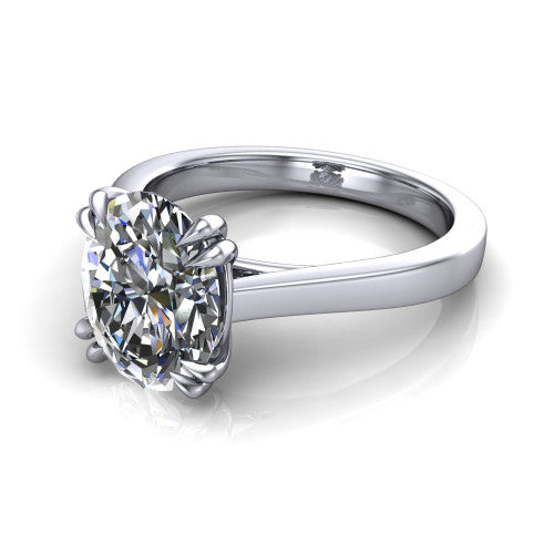 Rosalie oval classic engagement ring in 14K White Gold, three-quarter perspective showing the oval center diamond in a four-prong cathedral head on a polished band