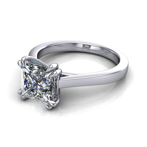 Rosalie princess-cut classic engagement ring in Platinum, three-quarter perspective showing the princess-cut center diamond in a four-prong cathedral head on a polished band