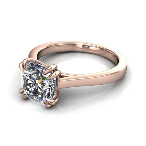 Rosalie cushion classic engagement ring in 18K Rose Gold, three-quarter perspective showing the cushion center diamond in a four-prong cathedral head on a polished band