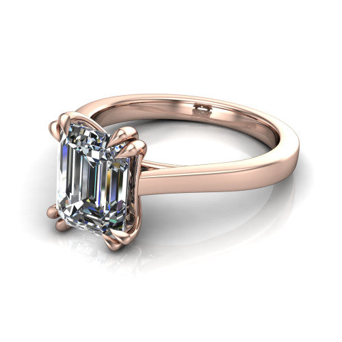 Rosalie emerald-cut classic engagement ring in 14K Rose Gold, three-quarter perspective showing the emerald-cut center diamond in a four-prong cathedral head on a polished band