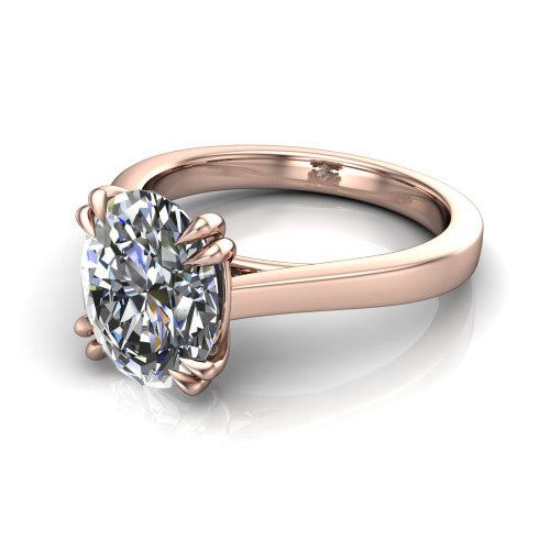 Rosalie oval classic engagement ring in 14K Rose Gold, three-quarter perspective showing the oval center diamond in a four-prong cathedral head on a polished band