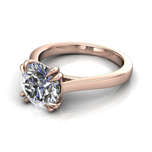 Rosalie round classic engagement ring in 18K Rose Gold, three-quarter perspective showing the round center diamond in a four-prong cathedral head on a polished band