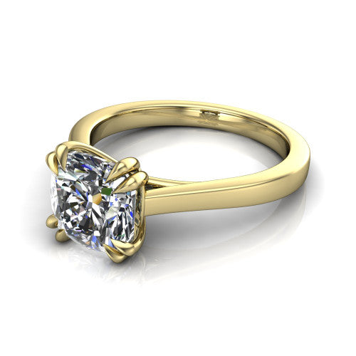 Rosalie cushion classic engagement ring in 18K Yellow Gold, three-quarter perspective showing the cushion center diamond in a four-prong cathedral head on a polished band