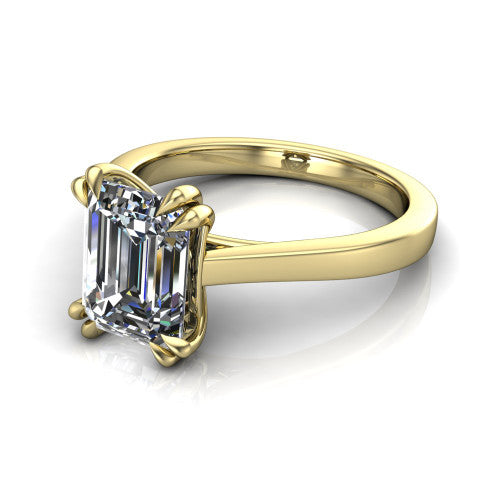 Rosalie emerald-cut classic engagement ring in 18K Yellow Gold, three-quarter perspective showing the emerald-cut center diamond in a four-prong cathedral head on a polished band
