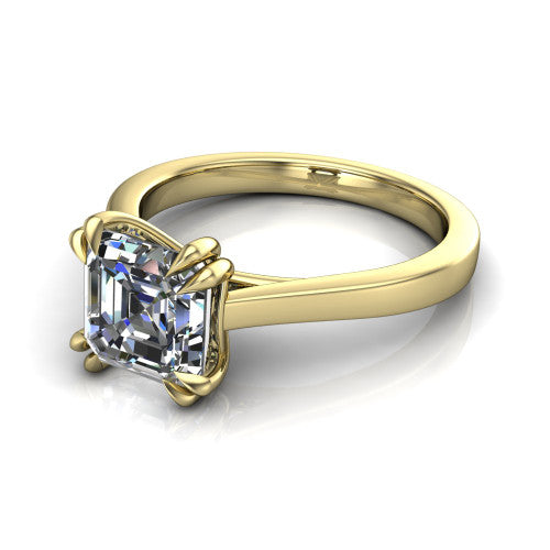 Rosalie square emerald-cut classic engagement ring in 14K Yellow Gold, three-quarter perspective showing the square emerald-cut center diamond in a four-prong cathedral head on a polished band
