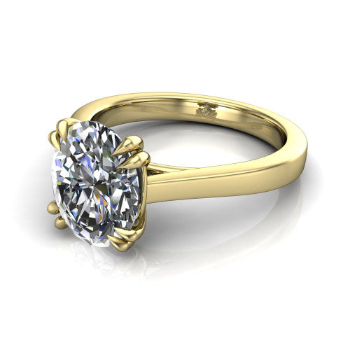 Rosalie oval classic engagement ring in 14K Yellow Gold, three-quarter perspective showing the oval center diamond in a four-prong cathedral head on a polished band